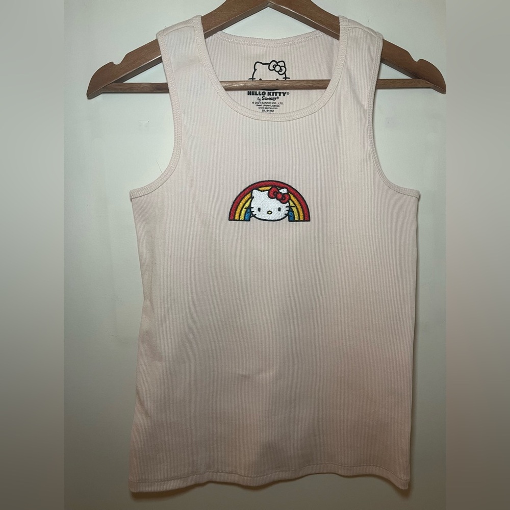 Hello Kitty Cream Ribbed Tank Top with Cartoon Design